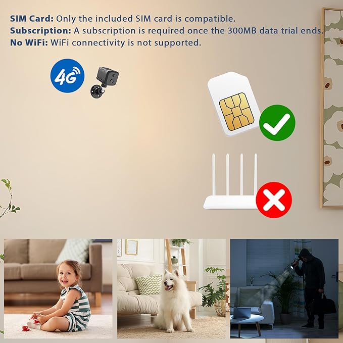 No WiFi Security Camera, Cellular Security Camera Indoor, 4G LTE Surveillance Cam for Home, Not Support WiFi, Smart Human Detection, 20 Day Standby Battery Life, Auto Night Vision, Built-in SIM Card