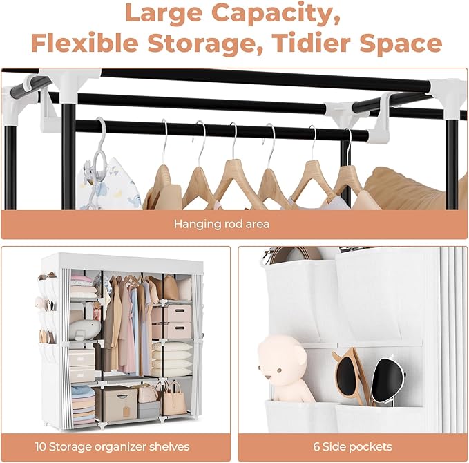 VTRIN Portable Closet Wardrobe for Hanging Clothes 57.3 Inch Large Capacity Clothes Rack with Cover, 10 Storage Organizer Shelves, 1 Hanging Rods and 6 Pockets, Free Standing Closet, White