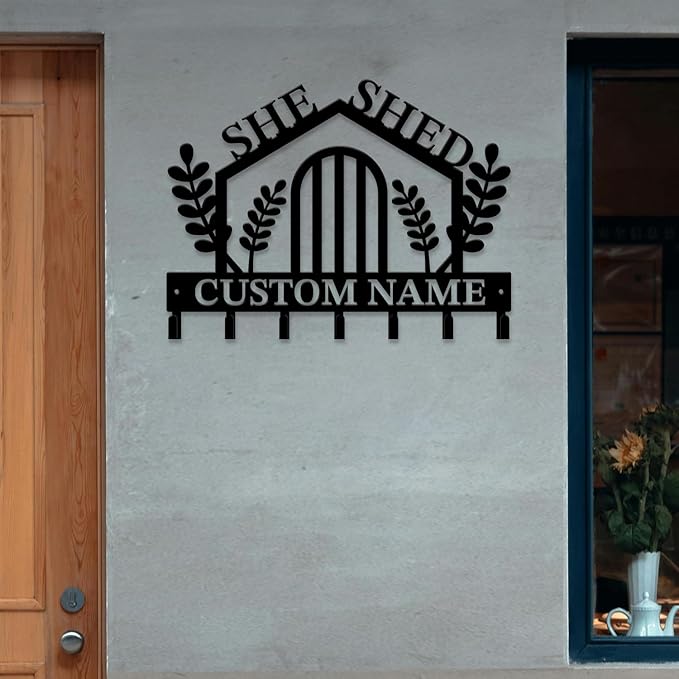 Personalized She Shed Keys Hooks,Custom Name Metal She Shed Art Keys Hooks,Metal She Shed Lover Wall Home Storage Decorative Keys Hooks,Key Holder Hooks for Wall (Style B)