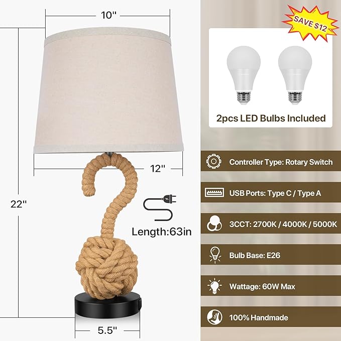 2-Pack 22" Rope Lamps for Night Stands, Boho Table Lamps for Living Room Bedroom Guest Room, 3-Color Temperatures Rattan Lamp with Rotary Switch, Bedside Lamp with USB Ports, 2 Bulbs Included