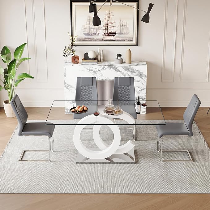 63'' Glass Dining Table Set for 4, Kitchen Table Chairs Set of 4, Clear Glass Dining Table with White unique design Leg and Silver Metal Base, 4 PU Dining Chairs with Metal Legs, Living Room, Kitchen.