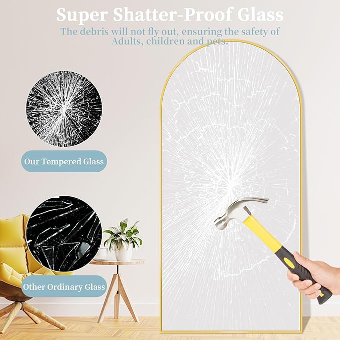 Full Length Mirror, 90"x46" Oversized Floor Mirror with Stand, Hanging or Leaning Full Body Mirrors Mirror for Bedroom, Living Room, Cloakroom, Arch, Gold