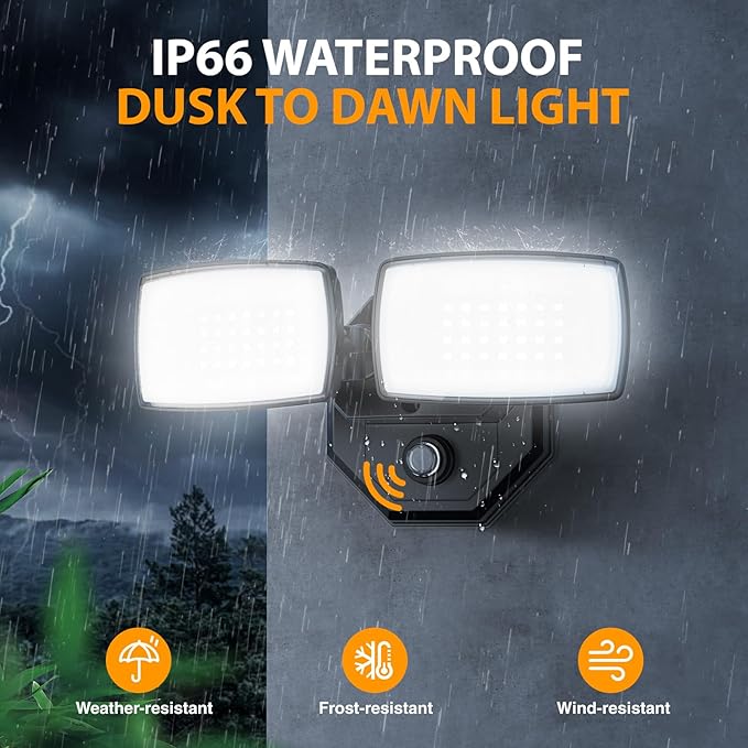 Onforu 32w 3200LM Dusk to Dawn Outdoor Lighting,6500K Dual-Head Flood Light Outdoor with Photocell,IP66 Waterproof Security Lights,Exterior Daylight Off and Night On Black Wall Light for Patio Garden
