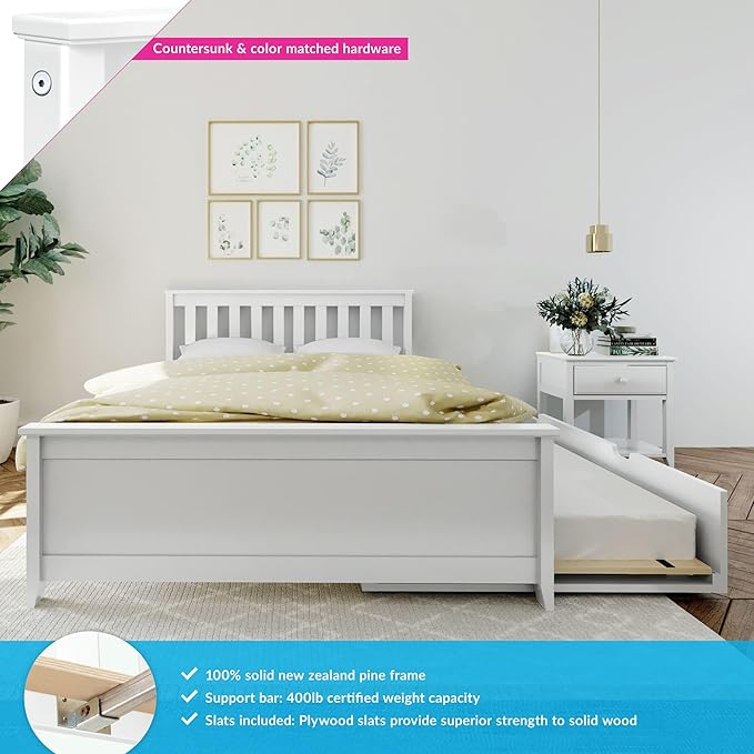 Max & Lily Full Bed, Wood Bed Frame with Headboard For Kids with Trundle, Slatted, White