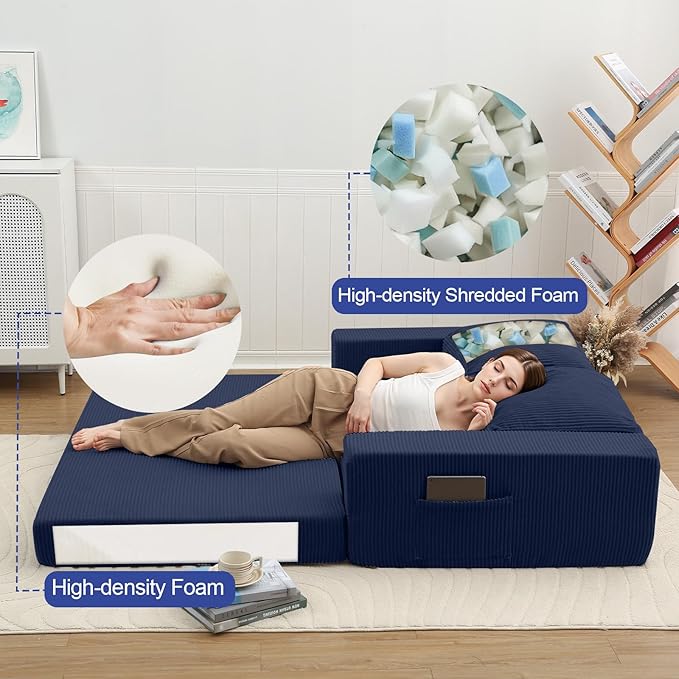 COMAX Convertible Sofa Bed Queen, Folding Fold Out Couch Bed, Floor Futon Couch Corduroy with Back Pillows, Boneless Sofa Comfy Lounge Sleeper Mattress Loveseat for Living Room Bedroom, Navy Blue