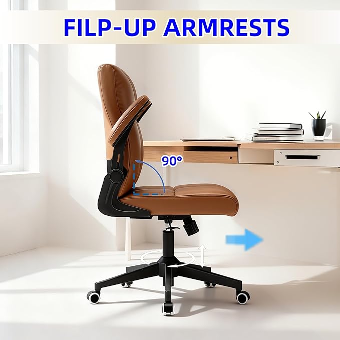 Computer Chair, Ergonomic Home Office Desk Chair with Space Saving Flip-Up Arms, 360° Swivel & Reclining Back, High-Back Executive Chair in Soft Faux Leather Chair Multi-Angle from 90° to 135°(Brown)