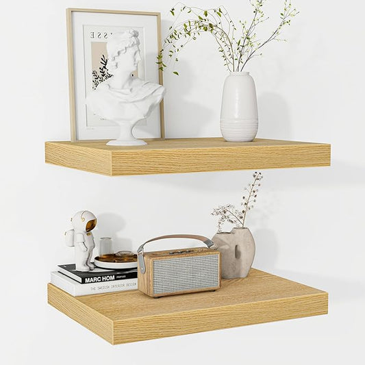 Fun Memories Floating Shelves - 2 Pack 12 Inch Rustic Wooden Wall Shelves - Extra Deeper & Thicker Wall Mounted Storage Shelf for Living Room, Kitchen, Farmhouse - 16" W x 12" D x 1.5" H - Oak