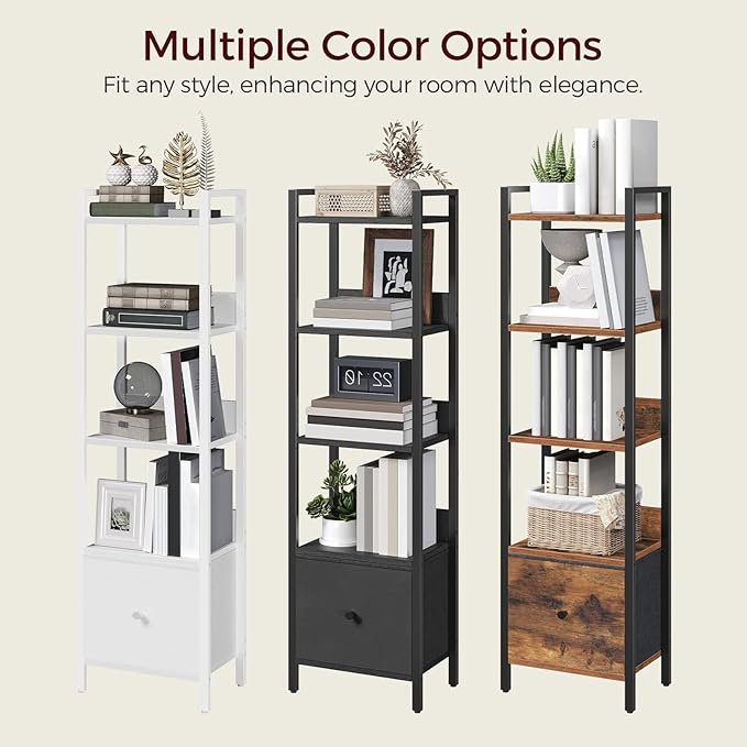 Bookshelf, 5-Tier Bookcase with Drawer, Small Book Shelf for Small Space, Storage Shelf Organizer, for Living Room, Bedroom, Study, Kitchen, Rustic Brown and Black BKHR55101