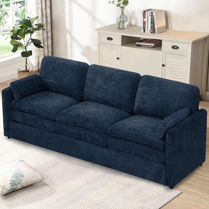 89" Chenille Soft Sofa w/Well-Filled Backrests, Modern Couch w/Plump Pillows, 3 Seater Upholstered Couch w/Thick & Comfy Cushions for Living Room, Bedroom, Blue