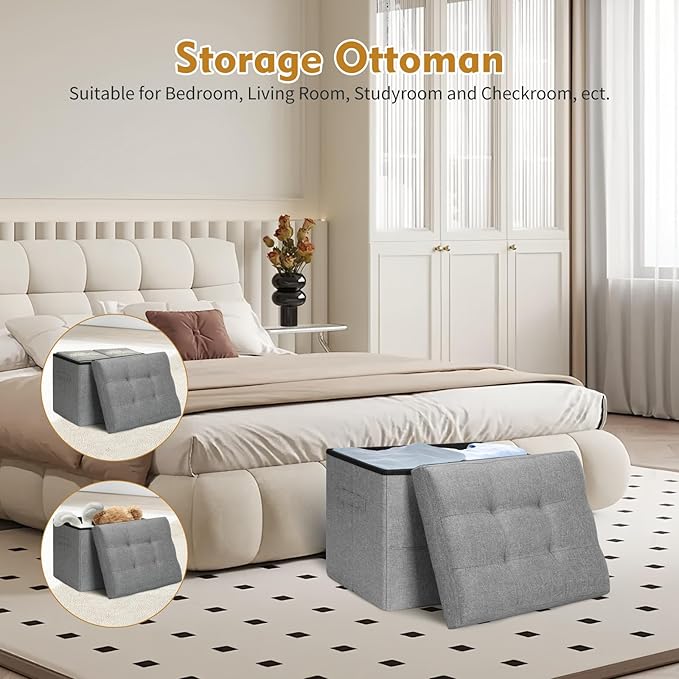 Storage Ottoman Foot Rest, Folding Linen Foot Stool with Thicker Foam Padded Seat. Small Ottoman with Storage Bench for Bedroom Living Room, Holds Up to 300 lbs, 17x13x13IN (Light Gray)