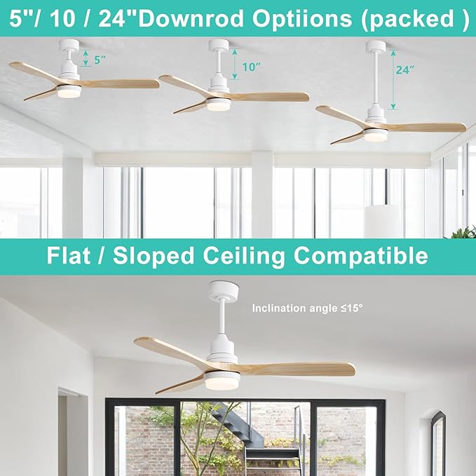 Sofucor Ceiling Fan with Lights, 52 Inch Modern Wood White Ceiling Fan with Remote for Indoor Farmhouse Bedroom Living Room Outdoor Patio Porch, Reversible DC Motor, 3 Blades, Noiseless