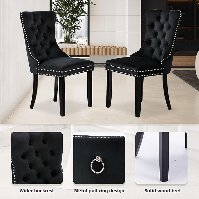 SoarFlash Kitchen Table and Chairs for 2, 31.5" Dining Table Set for 2 with Velvet Upholstered Chairs, 3 Piece Round Kitchen Table Set, Dining Room Table Set for Small Space, Apartment, Black/Black