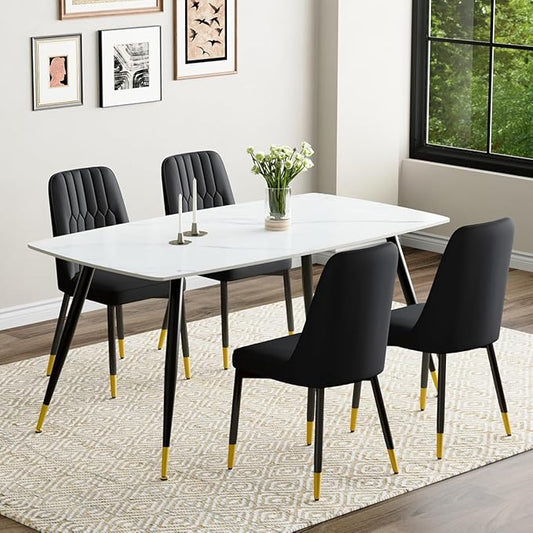 White Dining Table Set for 4, 62'' Dining Table Set for 4, Sintered Stone Dining Room Sets for 4, Easy to Assemble