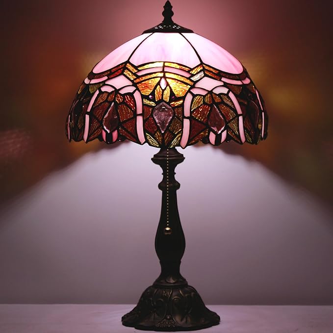 Tiffany Table Lamp Stained Glass Lamp 12X12X19 Inch Antique Reading Light (Pink Jewelry)