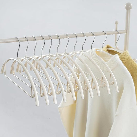 16.5 Inch Ivory No Shoulder Bumps No Mark Non-Slip Rubber Coated Contour Meta Hanger for Sweater T-Shirt Suit Coat Uniform with Pants Bar Pack of 10