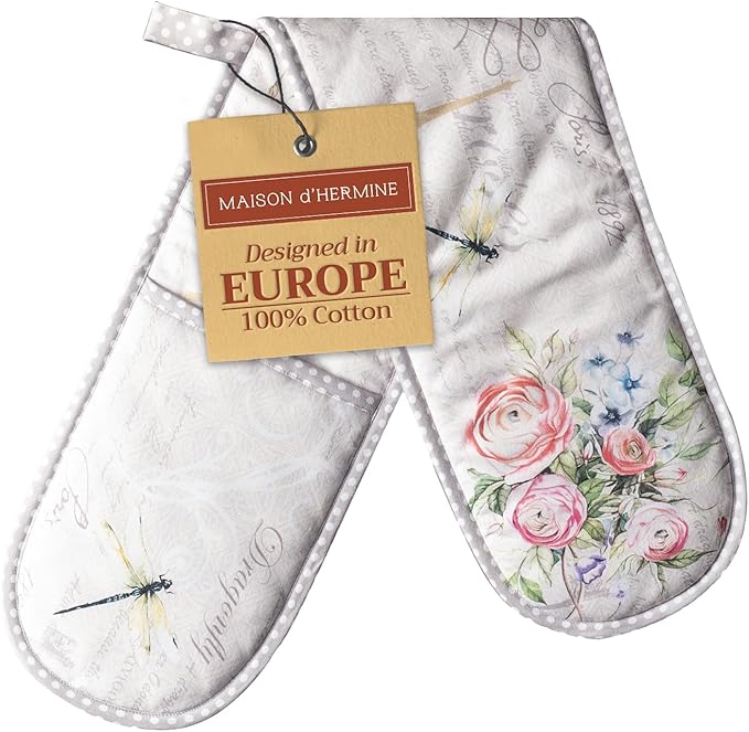 Maison d' Hermine Double Oven Mitts 100% Cotton 7"x35" Double Oven Mitt Heat Resistant BBQ Cooking Gloves with Loop, Baking, Grilling, Home, Kitchen, Handling Hot Pans Spring Summer (Champ De Mars)