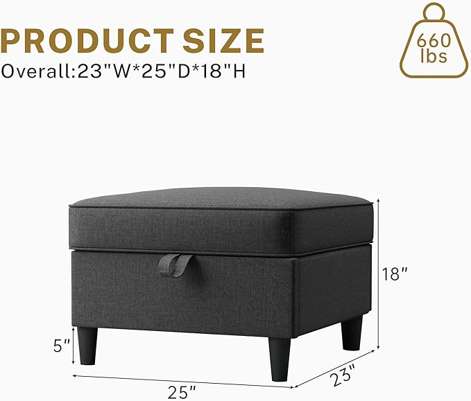 25 inch Square Storage Ottoman for Modular Sectional Sofa, Oversized Bench Ottoman Coffee Table Foot Stool, Convertible Sectional Couch for Living Room, Dark Grey