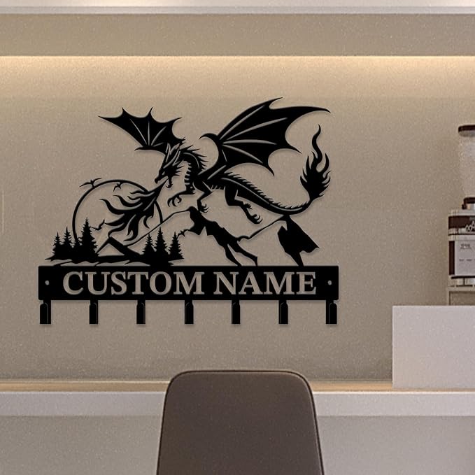 Personalized Evil Dragons Keys Hooks,Custom Name Metal Dragons Art Keys Hooks,Metal Dragons Lover Wall Home Storage Decorative Keys Hooks,Key Holder Hooks for Wall (Style J)