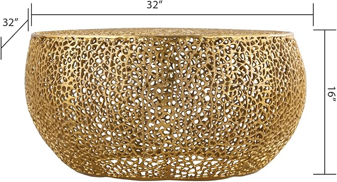Modern Contemporary Round 32" Coffee Table, Solid Aluminum intrigued Design, Drum Shaped Mesh Cocktail Table, Creative Center Table for Living Room and Bedroom, Casted in Gold