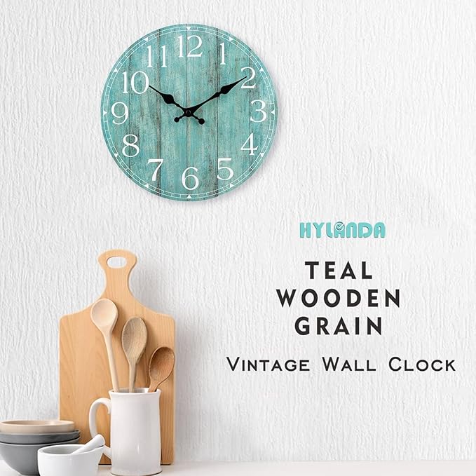 HYLANDA 14 Inch Teal Wall Clock - Silent, Non-Ticking, Battery Operated, Decorative, Unisex
