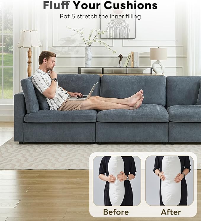 Tbfit Modern Sectional Sofa with Storage, Down-Filled Cushions, 154" W Cloud Couch for Home, Living Room, Grey