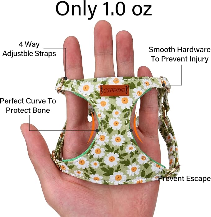 CHEDE No Pull Floral pattern Dog Harness- Lightweight and Soft Dog Harness, Adjustable Small Dog Harness and Leash Set, with Dog Leash, Suitable for Puppy Small and Medium-sized Dog (XXS, Green Daisy)