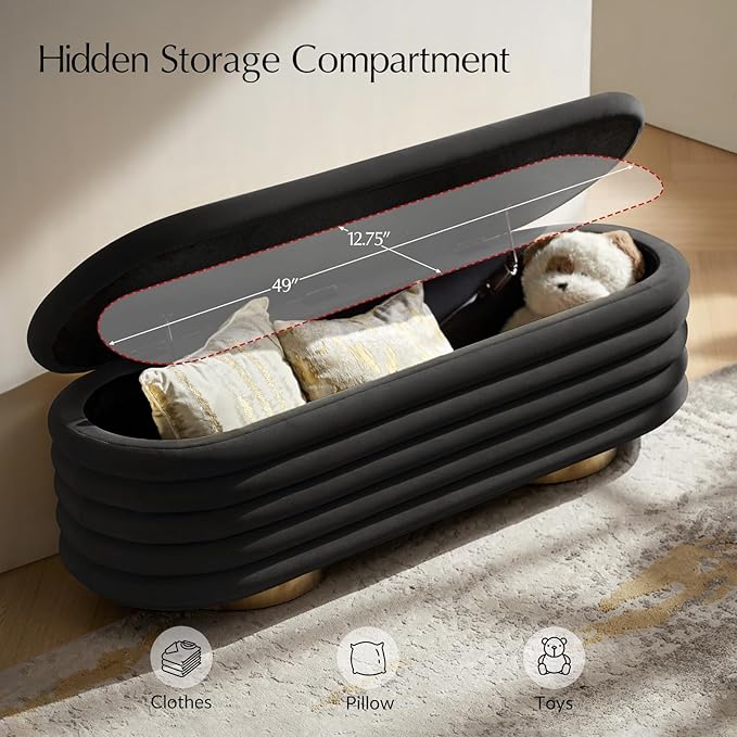 HULALA HOME Velvet Storage Bench, Large Upholstered Ottoman Bench with Button Tufted Design for Living Room, Bedroom, Entryway, or Window, End of Bed Bench with Shoe Storage, Modern Home Decor, Black