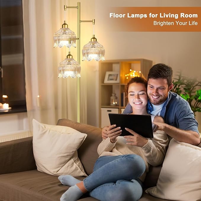 Gold Floor Lamps for Living Room Bedroom-3 Light Glass Floor Lamp with Three Led Bulb,Mid Century Standing Lamp Vintage Brass Tall Lamp Tree Floor Lamp for Bedroom Corner