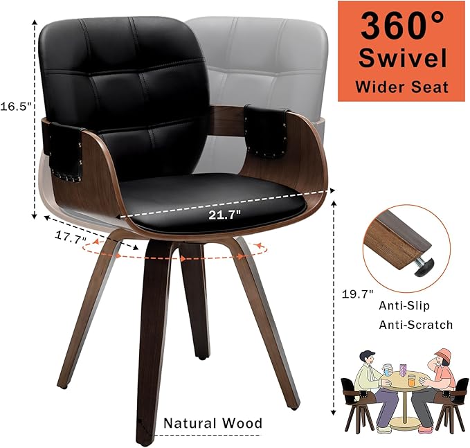 Set of 4 Mid Century Modern Chairs - Swivel Dining Chairs with Arms and Curved Back, Faux Leather Reception Room Chairs, Ideal for Kitchen/Living Room/Reception/Desk (Walnut Black)