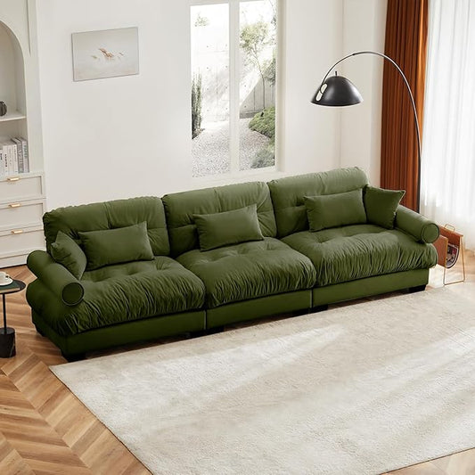 130" Oversized Couch, 3 Seater Modular Sectional Sofa, Olive Large Sectional Couches for Living Room, Fluffy Couch Set, 3 Seater Velvet Cloud Couches with 5 Pillows, Deep Seat Sofas for Living Room