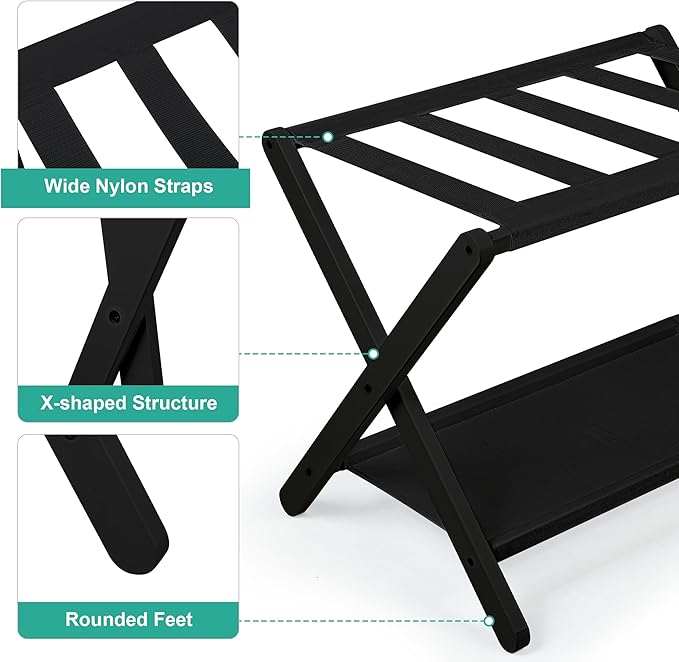 VASMIA Luggage Rack, Folding Suitcase Stand with Storage Shelf,Bamboo Luggage Stand for Guest Room,Bedroon and Hotel,Holds up to 131 lb,Fit Most Luggage Size,Black