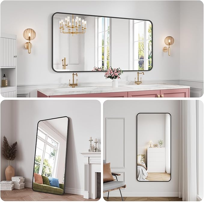Koonmi Bathroom Mirror, 30X60 Inch Black Metal Framed Mirror for Bathroom, Tempered Glass, Anti-Rust, Rounded Rectangle Mirror for Restroom, Bedroom, Black
