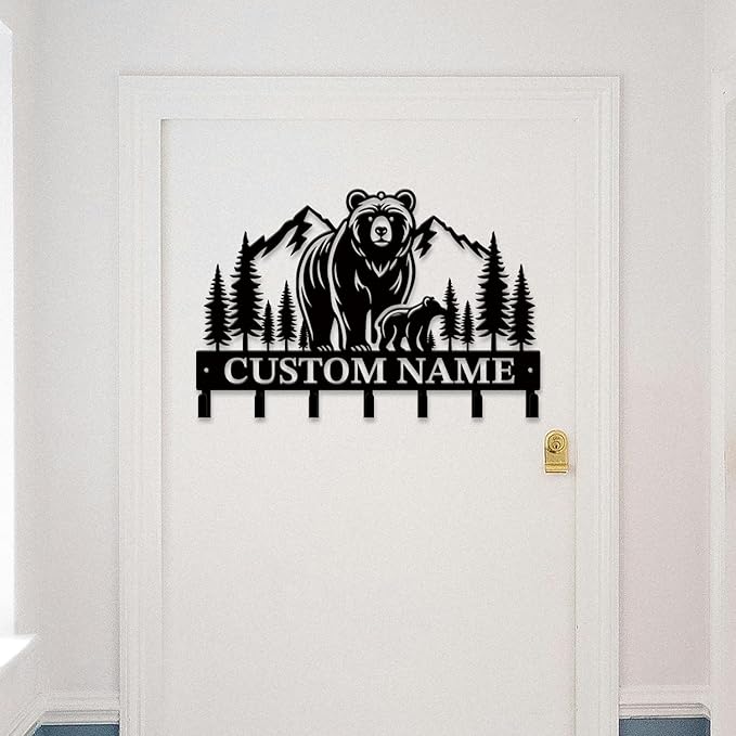 Personalized Custom Name Bear Key Wall Hooks,Metal Bear Keys Clothes Hooks,Metal Bear Wall Home Storage Decorative,For Front Door, Hallway, Kitchen, Bedroom,Keys,Hats (Style H)