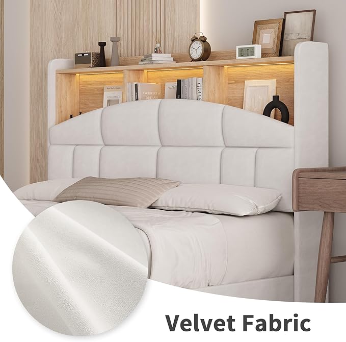 Queen Bed Frame with Headboard, Velvet Upholstered Bed Frame with LED Lights, Queen Platform Bed with Wooden Slats Support, No Box Spring Needed, No Noise, Beige