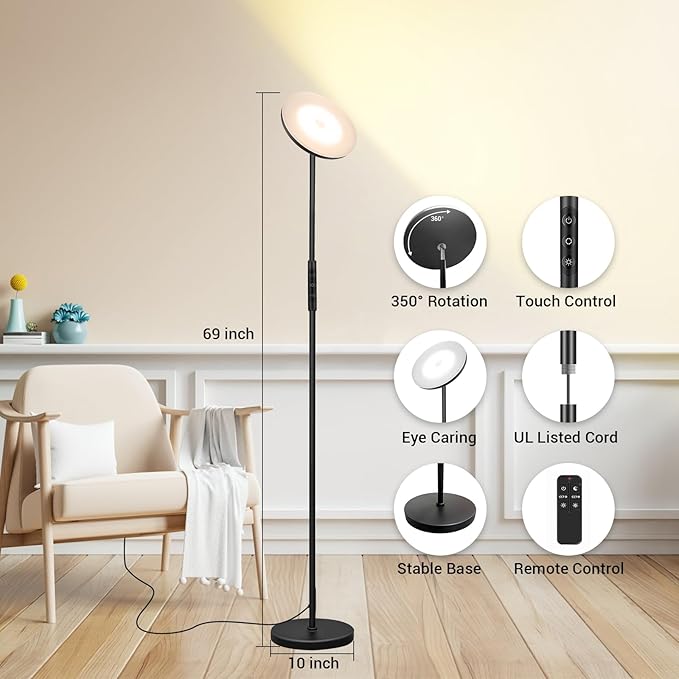 Upgraded Torchiere Floor Lamp,36W 3600LM Super Bright LED Floor Lamp for Living Room Bedroom Office, Dimmable Modern Standing Tall Lamp with Remote & Touch Control