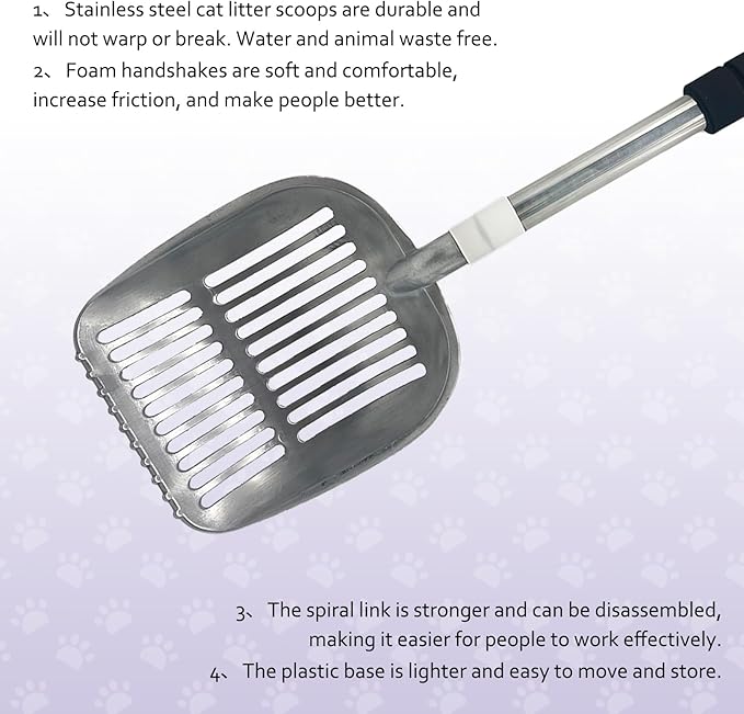 PINVNBY Cat Litter Scooper, Long Handle Litter Sifter Scoop with Litter Scoop Holder Stainless Steel Kitten Scooper Deep Kitty Litter Scooper with Box Metal Detachable Sifting Litter Shovel Set