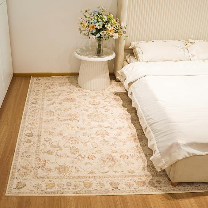 5x7 Soft Washable Area Rugs for Living Room and Bedroom, Non-Slip Stain Resistant Indoor Carpet, Cozy Floor Mat for Dining Room, Office, Under TableStain Resistant Persian Beige Floral