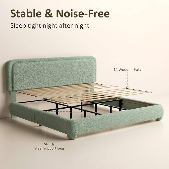 King Bed Frame, Teddy Velvet Boucle Bed Frame with 43.3"/45.3" Adjustable Upholstered Headboard, Rounded Corners, Mattress Foundation, No Box Spring Required, Green