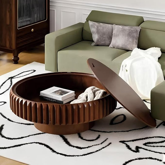 Round Coffee Table with Storage for Living Room, Wood Circle Drum Coffee Table Modern Fluted Center Table Accent Table for Home Office Apartment (Walnut 39.37'')