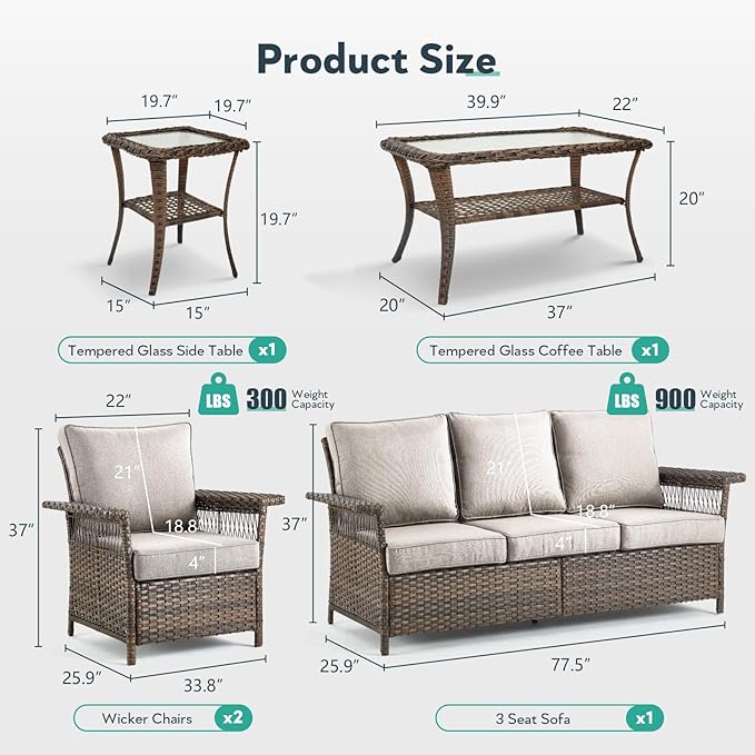 5 Pieces Wicker Patio Furniture Set - Hollow Widen Armrests Outdoor Rattan Chairs, 3 Seat Sofa with Coffee Table & Side Table, Small Patio Convention Set for Deck and Backyard - Brown/Beige