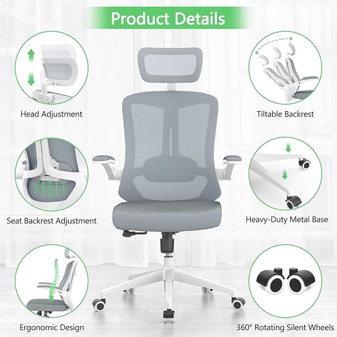 Office Chair,Ergonomic Comfy Home Desk Chair with 350LBS Capacity,High Back Gaming Chair with Wheels,Mesh Computer Chair,Lumbar Support, Adjustable Headrest,Flip-up Armrest (A-gray + White-1)