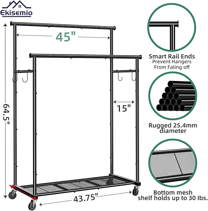 Double Rod Clothes Rack with Wheels Load 400 LBS, 45 Inch Rolling Clothing Rack for Hanging Clothes, Heavy Duty Garment Rack with Shelves, Metal Portable Closet, Black