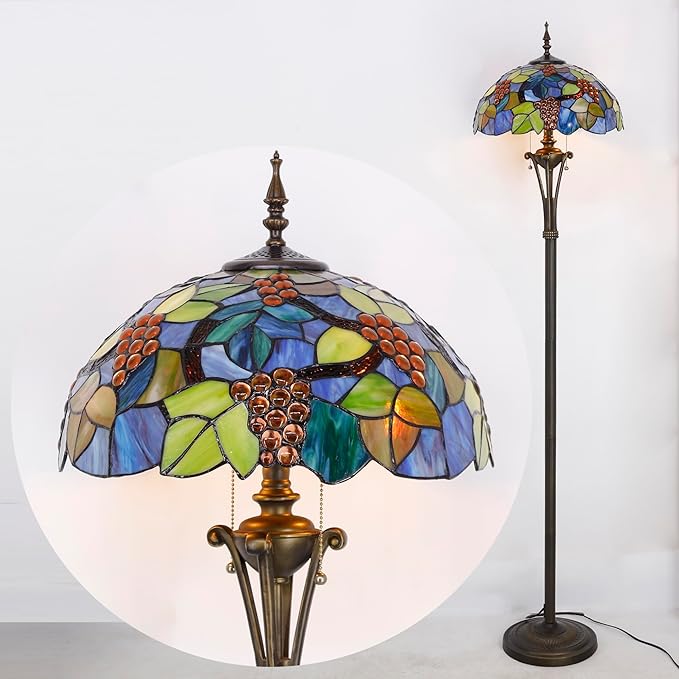 Tiffany Floor Lamp Purple Stained Glass Grape Standing Reading Light 16X16X70 Inches Antique Pole Corner Lamp Decor Bedroom Office Living Room