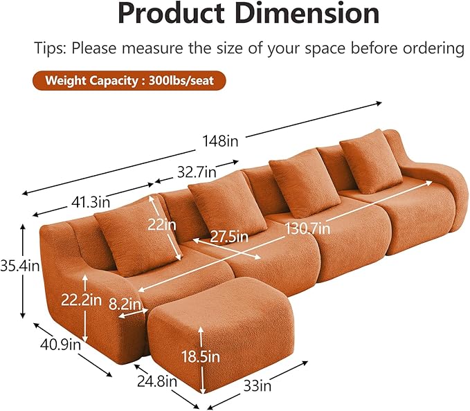 Orange L-Shaped Cloud Couch with 1 Ottoman, Modern Teddy Fabric Boneless Sectional Sofa in a Box, Modular Floor Sofa for Living Room, Deep Seat, No Assembly Required, Sofas para Sala