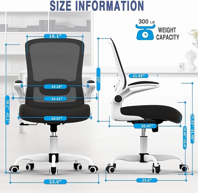 Mimoglad Ergonomic Office Chair - BIFMA Certified, Flip-up Armrests & 135° Recline, Adjustable Lumbar Support - Space-Saving Task Chair for Business/Team Office & Home (White Frame-Black, 300lbs)
