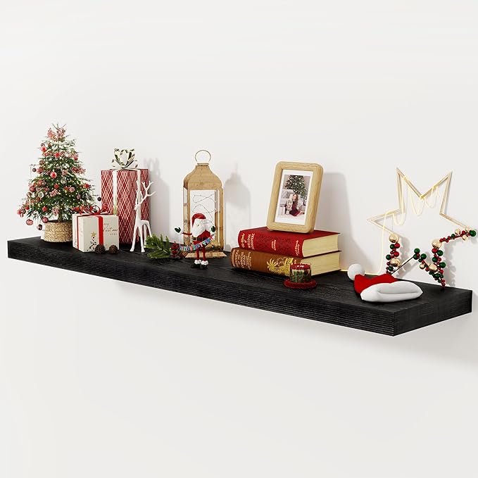 Black Floating Shelves 55 Inch Long, 12 Inch Deep Floating Shelves for Wall, 55 x 9 Large Floating Shelf for Fireplace Mantel, 2" Thicked Wall Shelves for Living Room, Bedroom Storage, 1 Pack