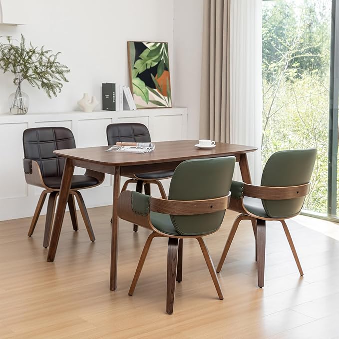 Set of 1 Mid Century Modern Chair - Swivel Dining Chair with Arms and Curved Back, Faux Leather Reception Room Chairs, Ideal for Kitchen/Living Room/Reception/Desk (Walnut Black, Set of 1)