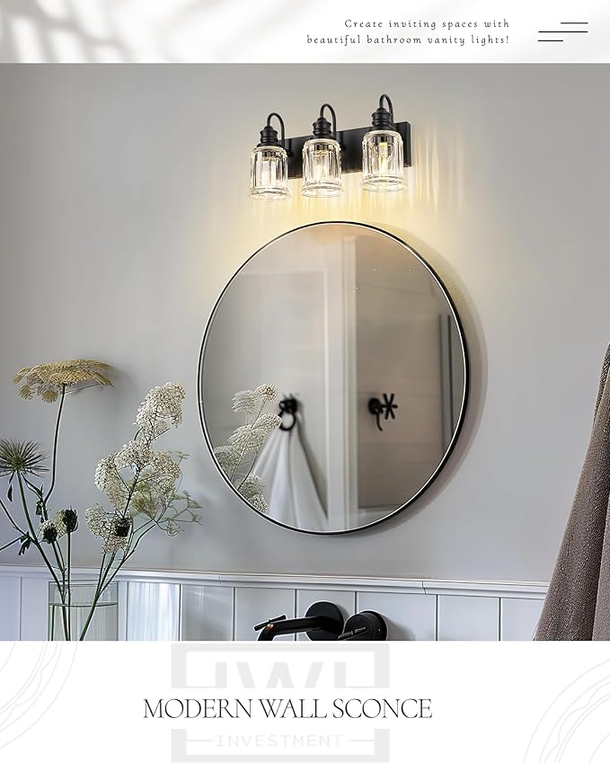HWH INVESTMENT Bathroom Light Fixtures, 3-Light Matte Black Vanity Light, 18 Inch Wall Sconces with Bell-Shaped Clear Glass, Bathroom Wall Lights for Mirror Bedroom Hallway, 5HZG106B-3W BK