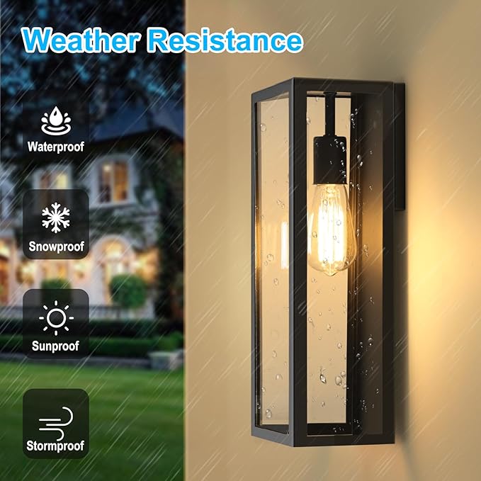 VerRon 2-Pack Outdoor Wall Lanterns, 16” Exterior Waterproof Outdoor Lights with Glass Shades, Black Porch Lights Wall Mounted, Anti-Rust E26 Modern Lighting for Patio Garage Entryway Front Door