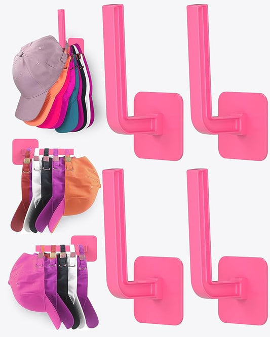 Hat Rack for Hat Storage (4-Pack), Multi-Purpose Hat Organizer, Strong Adhesive Hat Hooks for Wall Hat Organizer for Baseball Caps, Two Mounting Options Hat Hook, Rose (Color)